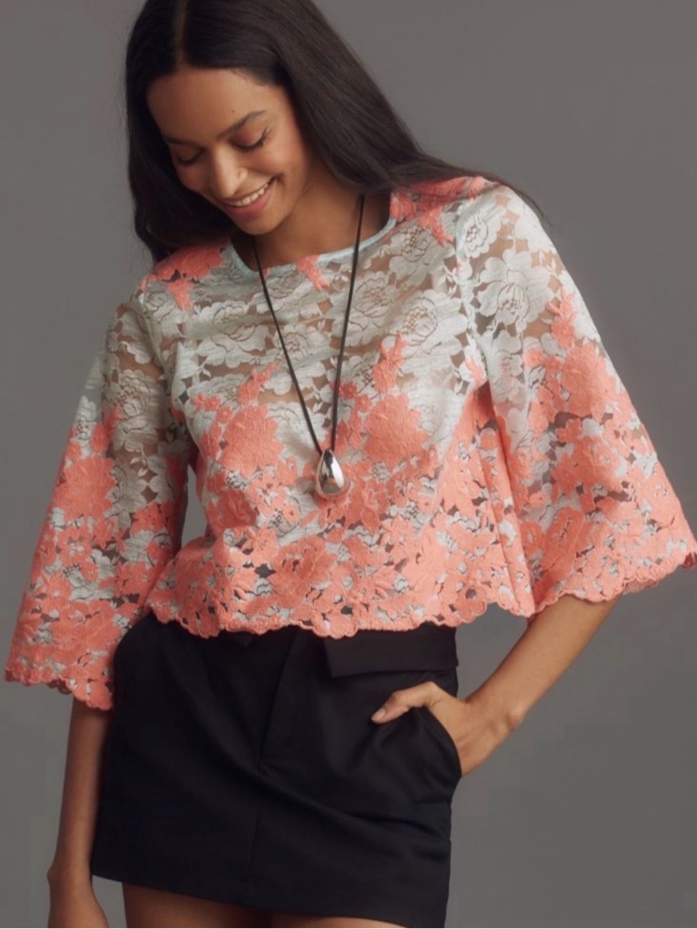 Anthropologie Eva Franco Coral and White Lace Top